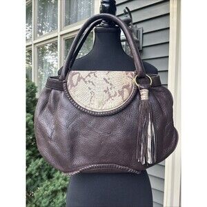 Sobella Brown Soft Pebbled Leather Boho Satchel Handbag Snakeskin Print Flap Y2K